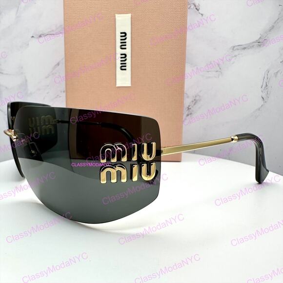 New MIU MIU Sunglasses Gold Rimless Wrap Square Oversized MIU MIU Logo Italy main image 16